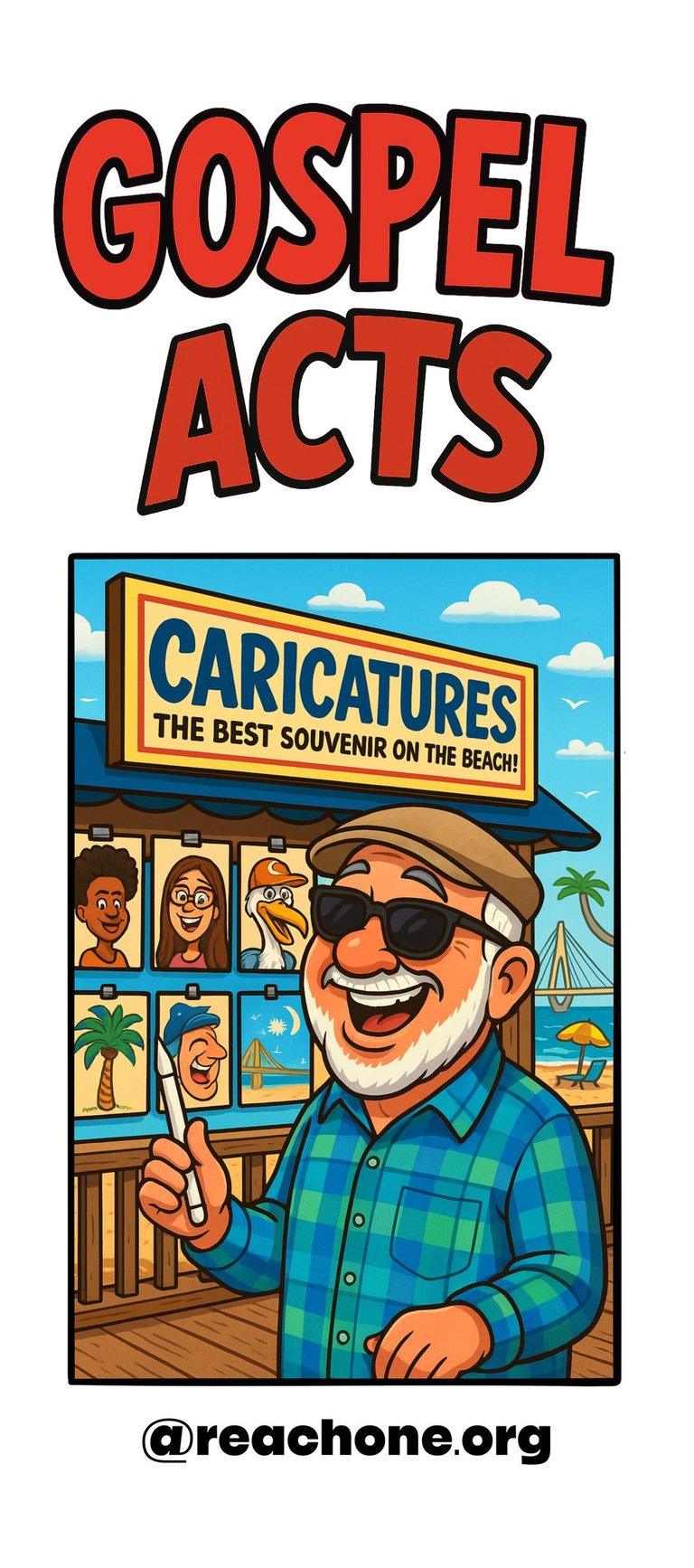 A happy, caricature artist standing in front of a Caricature booth at the beach.