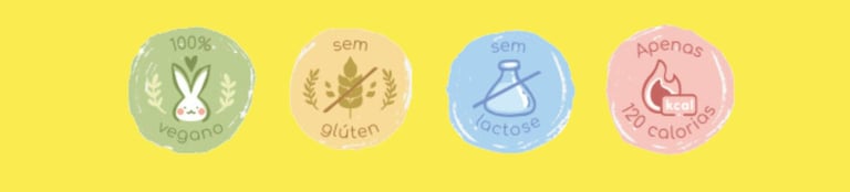 Selos alimentares veganos, sem glúten, sem lactose e baixa caloria em fundo amarelo