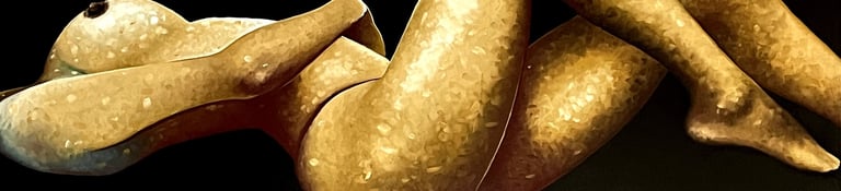 Panoramic artwork of intertwined human-like golden forms against a black background, by Andrej 