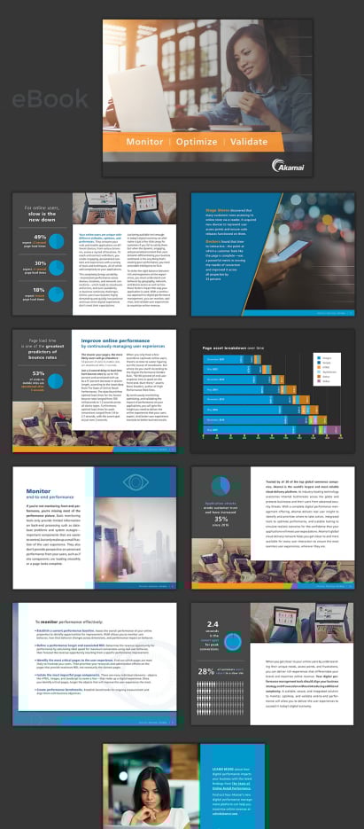 Digital performance ebook  Akamai featuring charts on page load time, bounce rates, and user experience optimization.