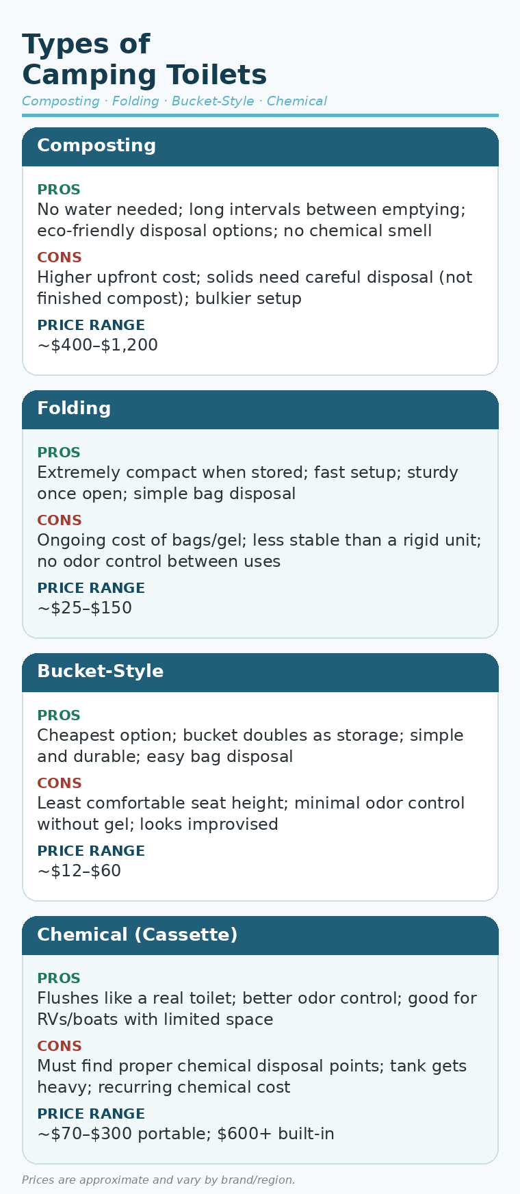 A comparison table detailing the pros and cons of different types of camping toilets.