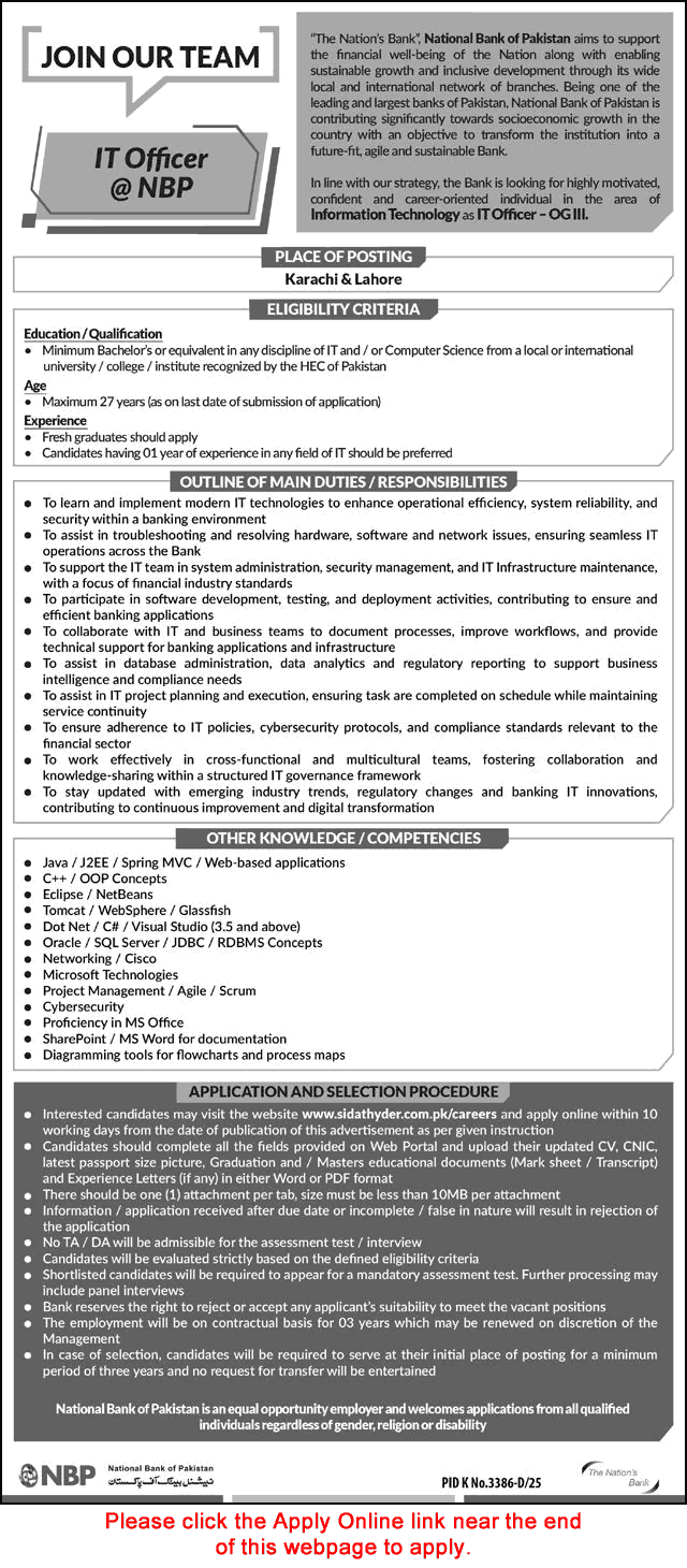 NBP IT Officer Jobs 2026 Apply Online advertisement for fresh graduates at National Bank of Pakistan in Karachi and Lahore OG
