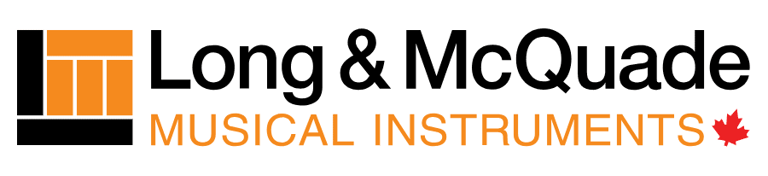 Long & McQuade Musical Instruments logo featuring orange and black icons with a red Canadian maple leaf.