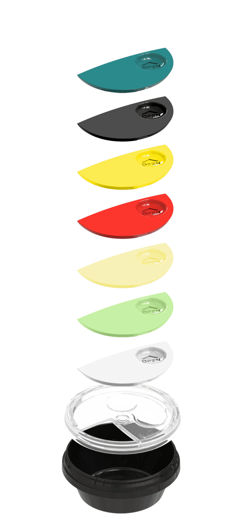 Variable lids for different types of sauces, exploded view, designed by Koorosh Shojaei