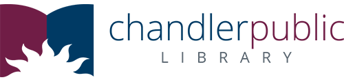 The Chandler Public Library logo, featuring a stylized sunburst graphic in maroon and blue, next to "chandlerpublic" and