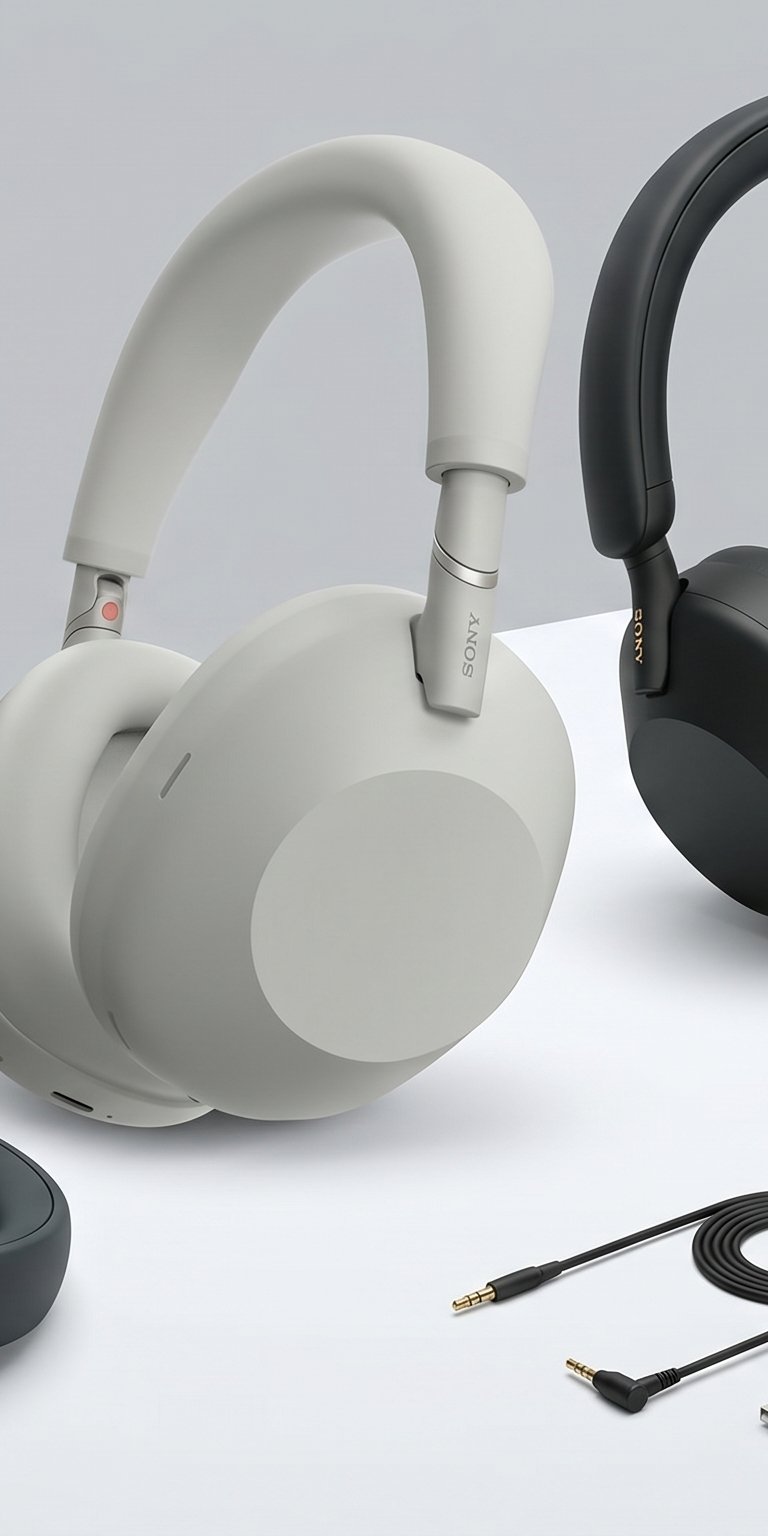 Sony WH-1000XM5 wireless noise cancelling headphones in black and silver with travel case and cables.