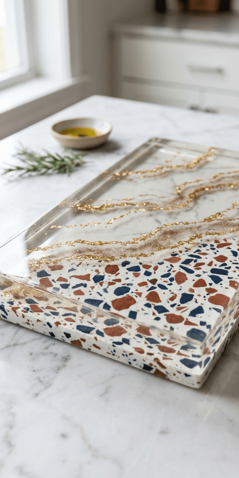 Handcrafted resin serving tray with terrazzo patterns and elegant gold leaf accents on a marble countertop.