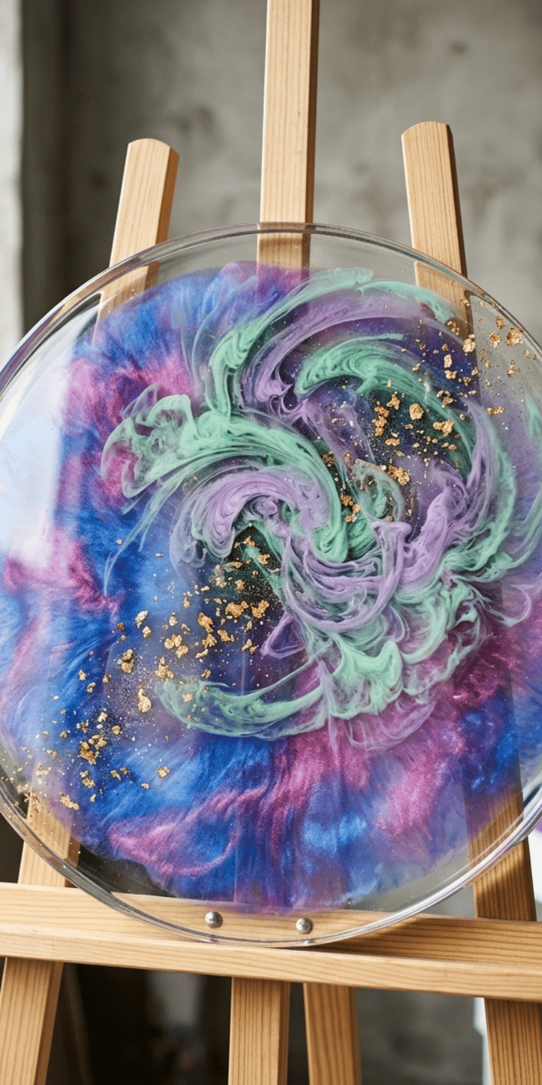 Round resin wall art with purple, teal, and blue swirls and gold leaf on a wooden easel.