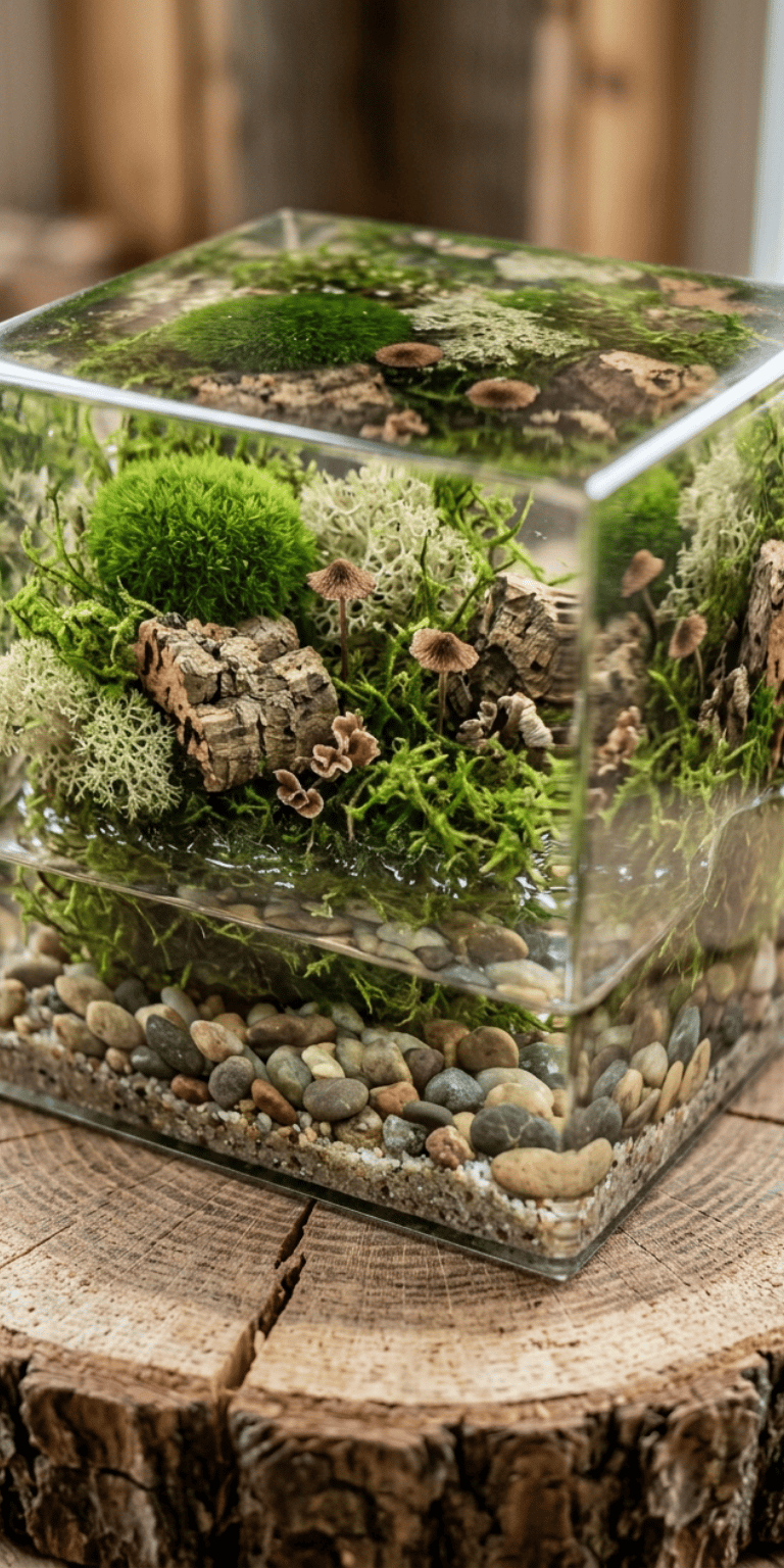 Miniature moss terrarium in a glass cube with mushrooms, lichen, and pebbles on a wood slice.