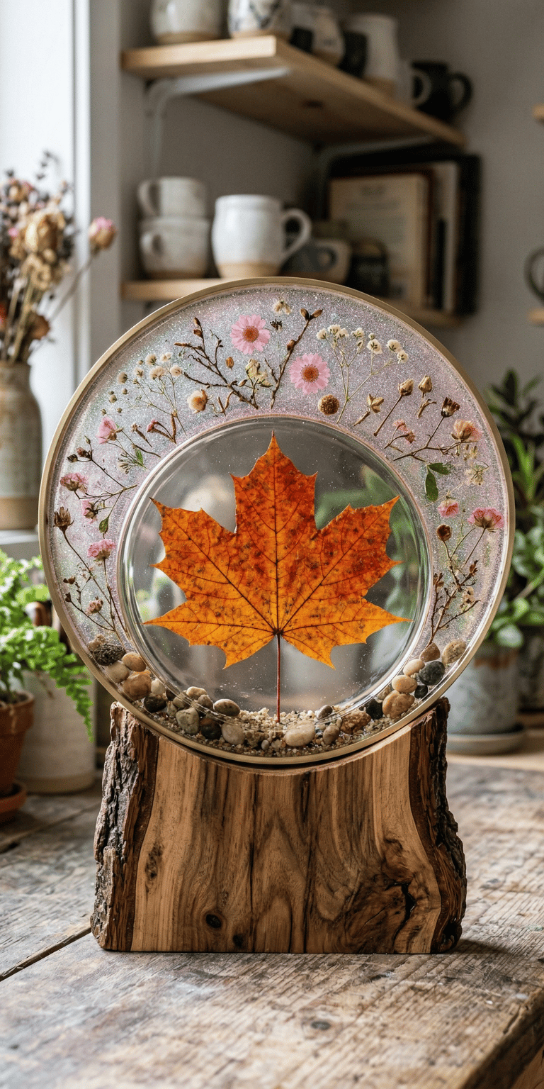 Handmade epoxy resin art featuring a preserved orange maple leaf and dried flowers on a rustic wood base.