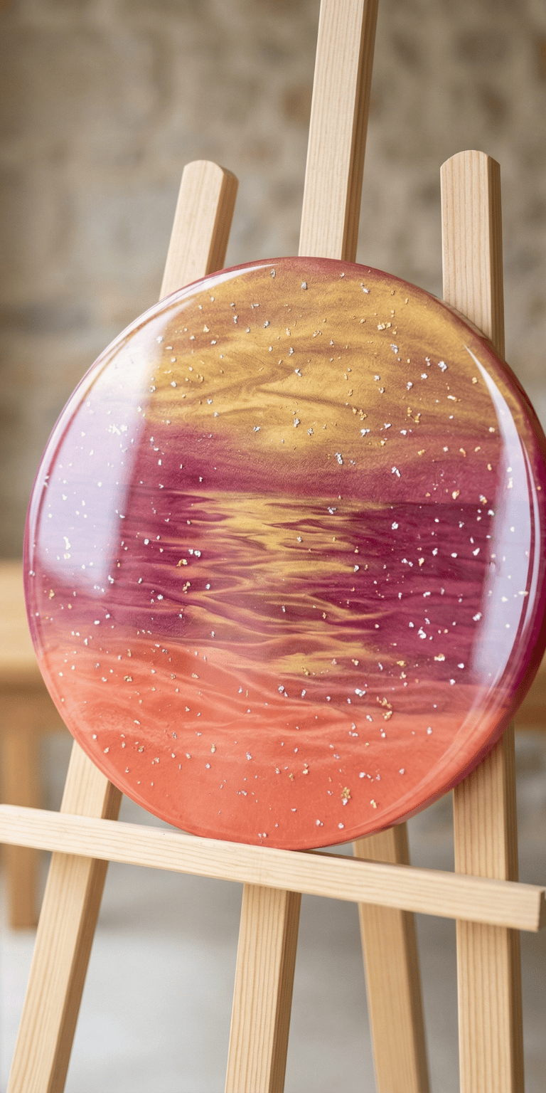 Round resin wall art with a sunset seascape design on a wooden easel.