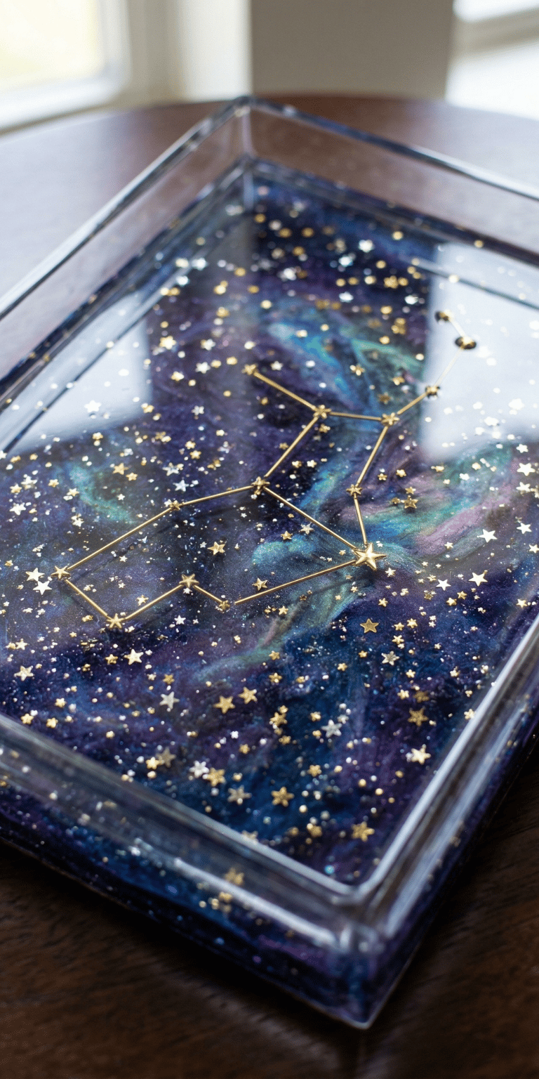 Handmade epoxy resin tray featuring a galaxy nebula design with gold constellation and star glitters.