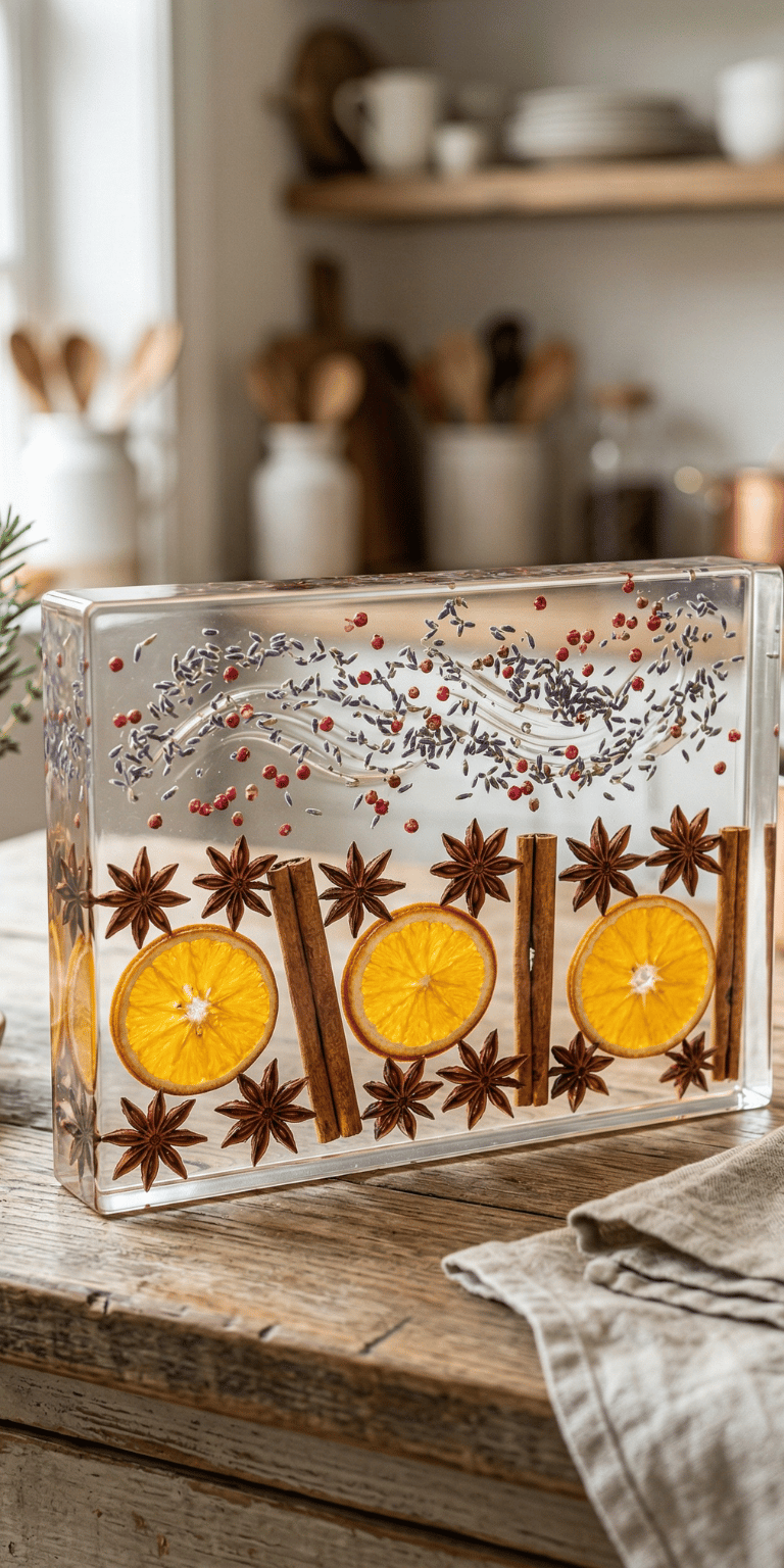 Handmade epoxy resin block with dried oranges, cinnamon sticks, and star anise on a rustic kitchen table.