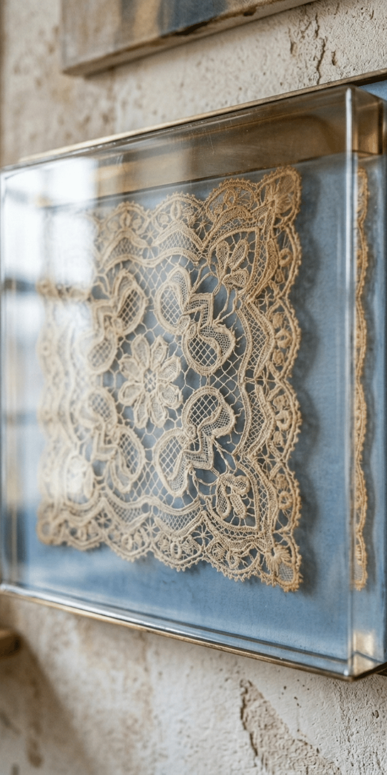 Vintage handmade lace doily displayed in a gold shadow box frame on a rustic textured wall.