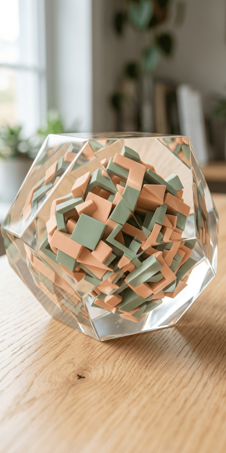 Geometric glass paperweight with green and peach 3D cubes on a wooden desk.