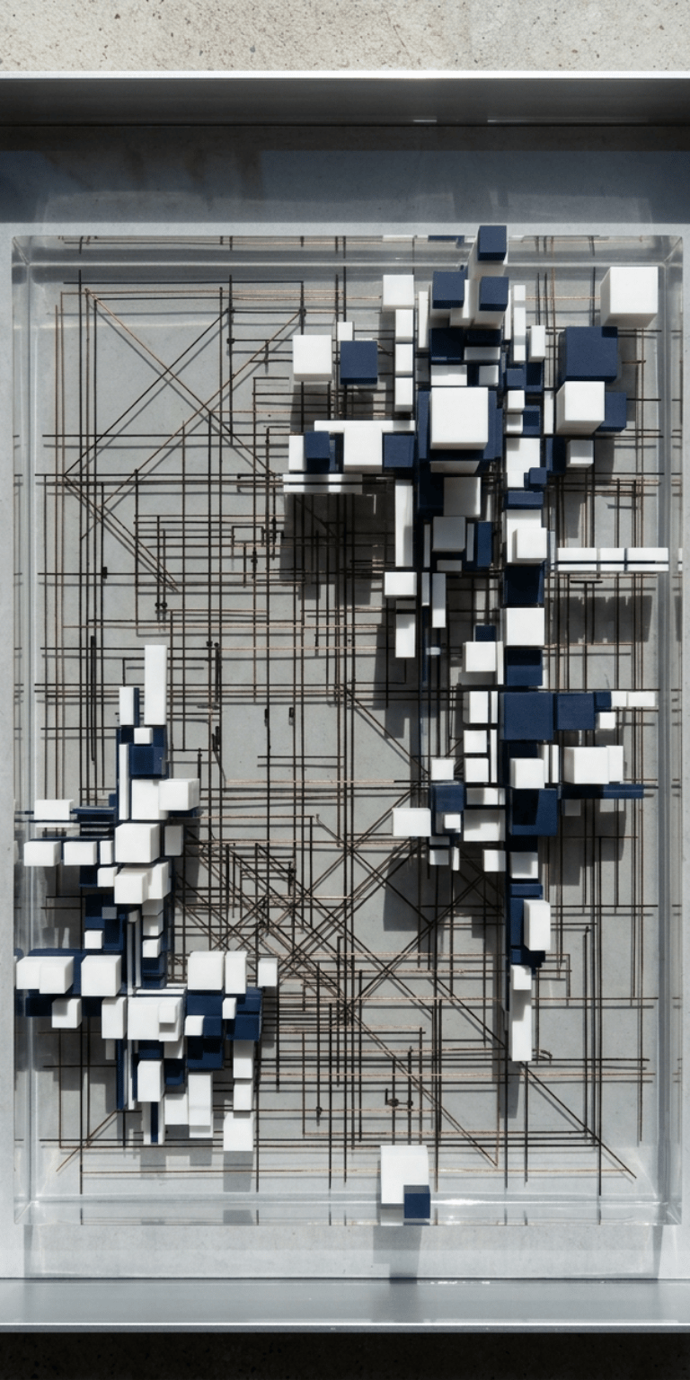 Modern 3D abstract wall art featuring blue and white geometric cubes on a grid background.