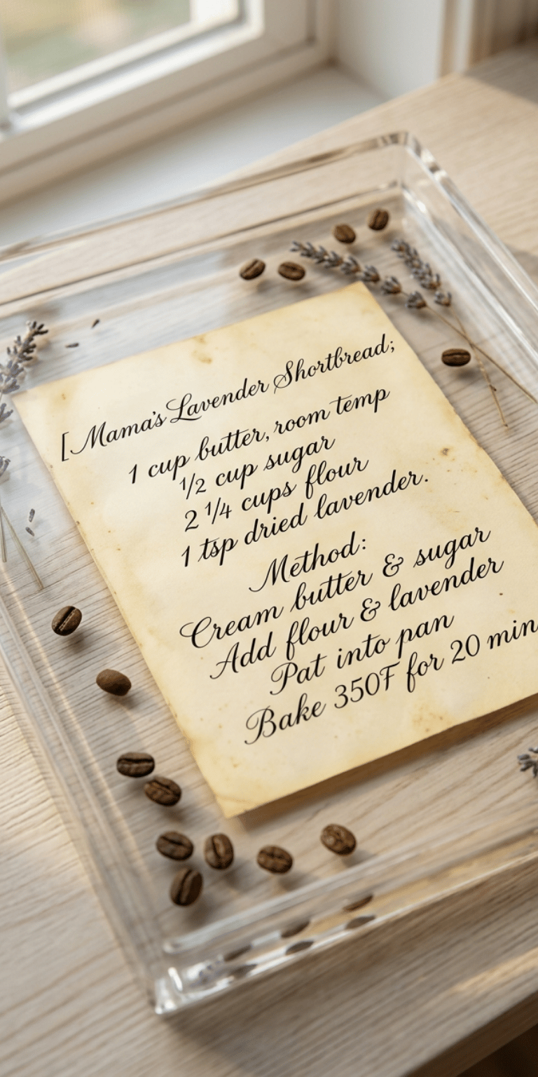 Vintage lavender shortbread recipe card displayed in a clear acrylic tray with dried lavender and coffee beans.