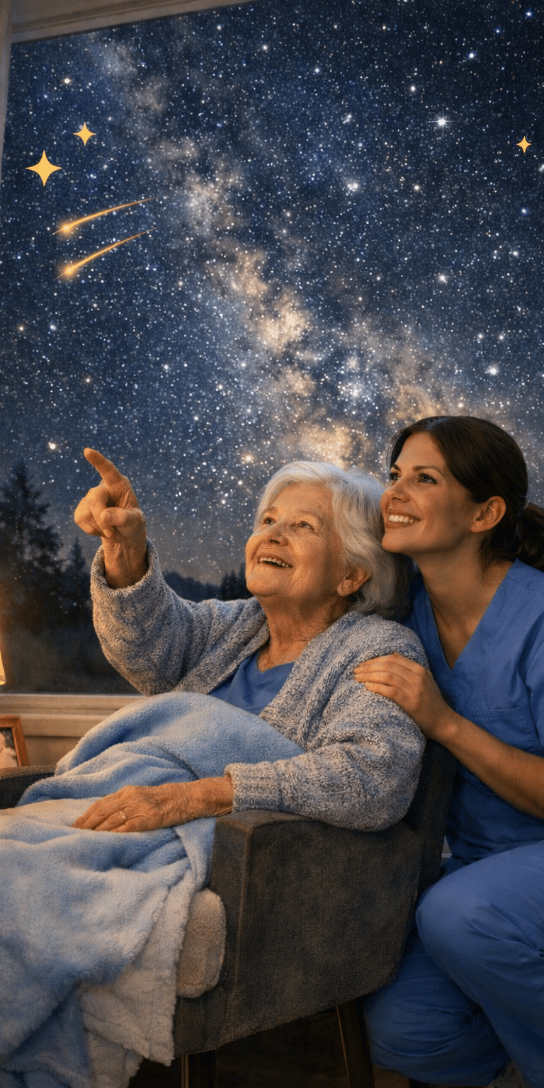 A senior woman and a caregiver in blue scrubs look through a window at a starry night sky with a shooting star.