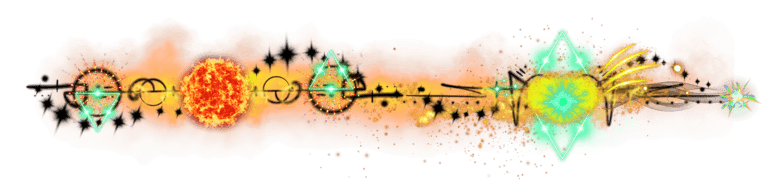 Abstract cosmic digital art with glowing neon geometric shapes, fiery suns, and sparkles on a black background.