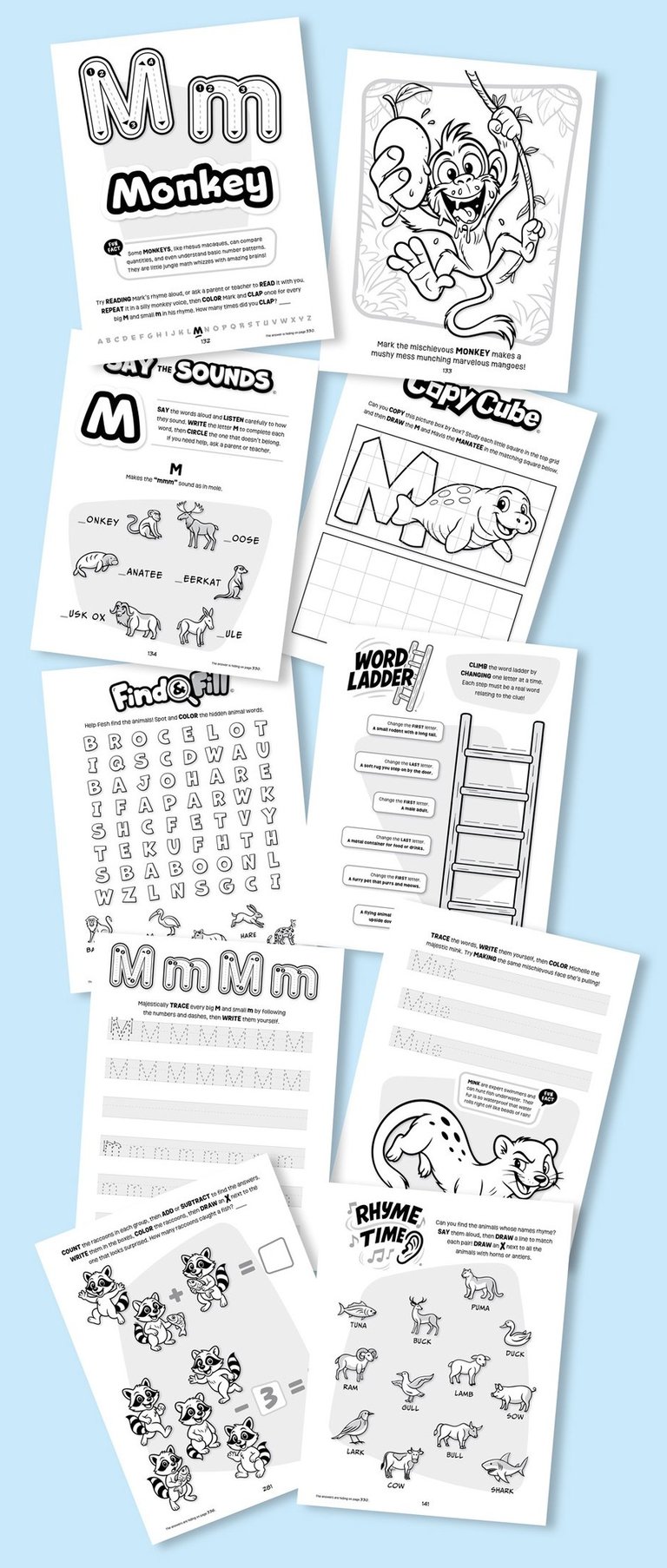 Activity page mockups from Fesh & Ocky’s Big Workbook Animal Edition