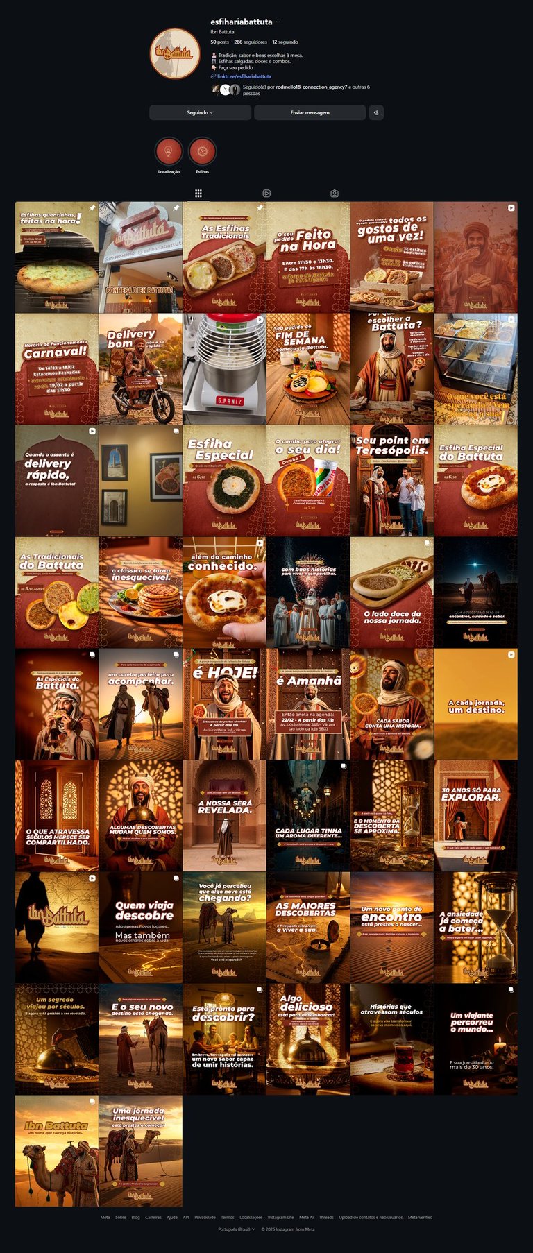 Aplicação da identidade visual Ibn Battuta em feed de redes sociais com posts de marketing para esfi