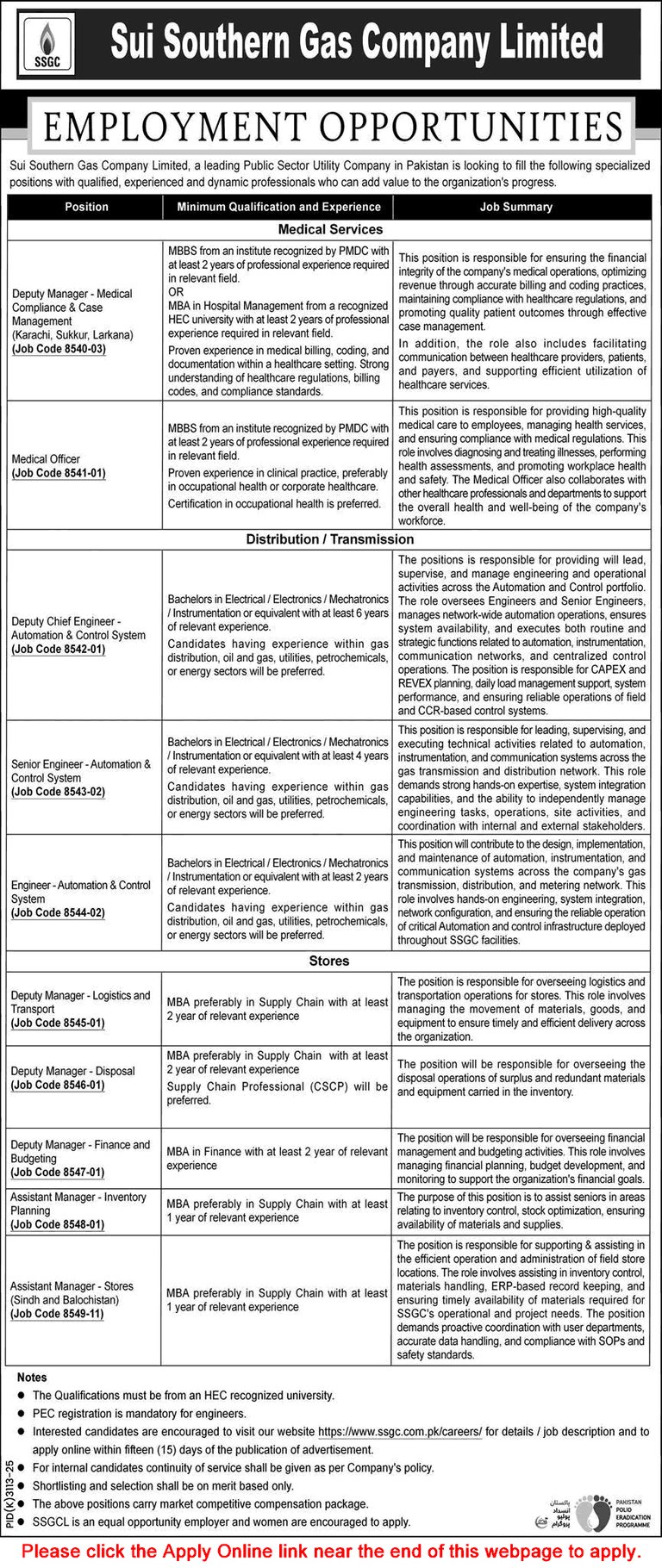 SSGC Jobs 2026 advertisement for Assistant Managers, Engineers, and Medical Officers in Pakistan