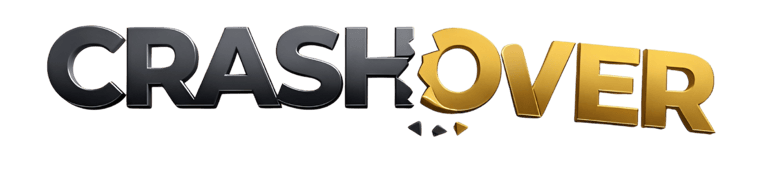 CRASHOVER 3D logo featuring metallic black and gold text with a cracked letter O.