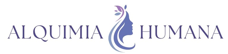 Logotipo de Alquimia Humana.En el centro un dibujo de mujer en donde florece en su cabeza belleza