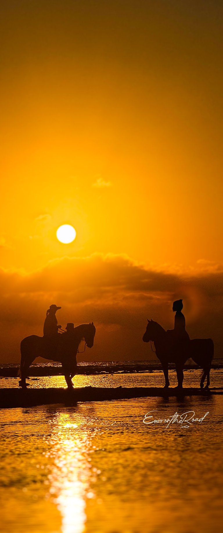 Unforgettable Gili Islands sunset views with an iconic beach horse, ideal for post-dive relaxation.