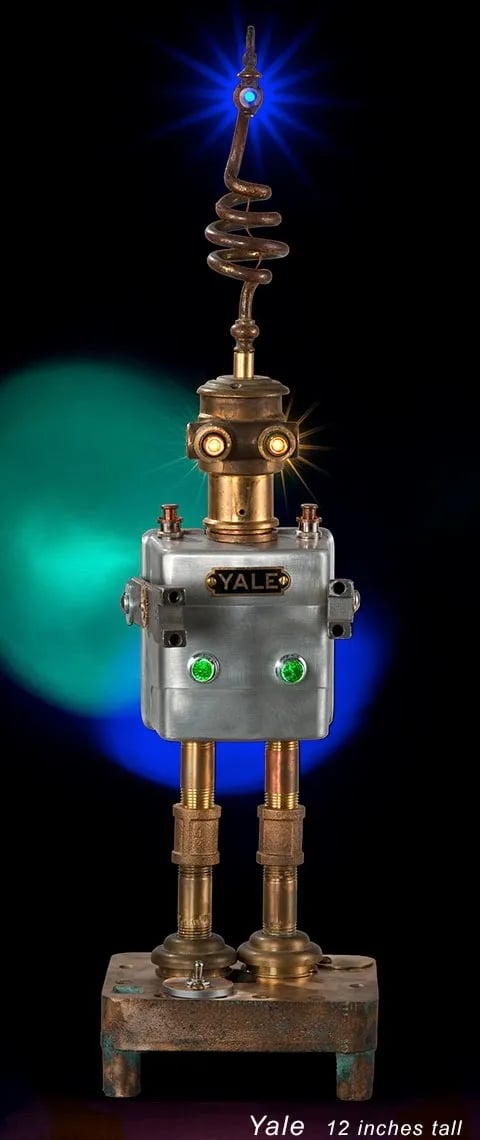 Found object robot sculpture named Yale by Santa Barbara artist Tal Avitzur.