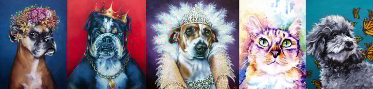 Collection of whimsical pet portraits by New Orleans artist Melissa Vandiver.