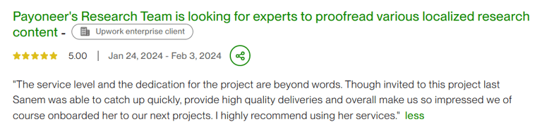 Upwork testimonial örneği