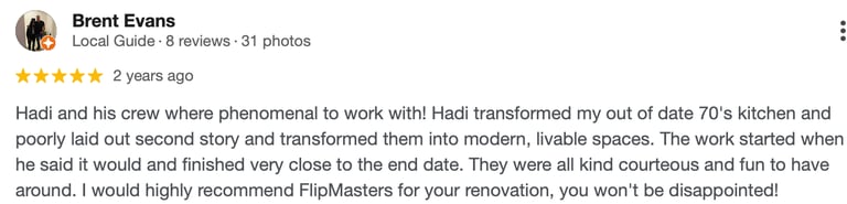 Five-star Google review for FlipMasters home renovation services and kitchen remodeling.