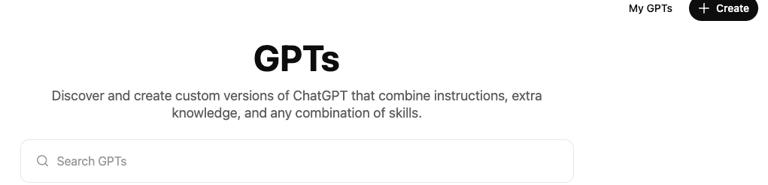 Screenshot of the OpenAI GPTs store interface for discovering and creating custom ChatGPT versions.