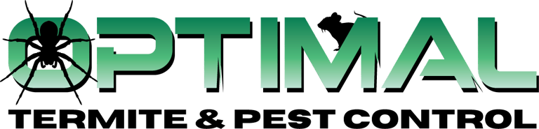 Optimal Termite and Pest Control logo featuring a green font with spider and rodent silhouettes.