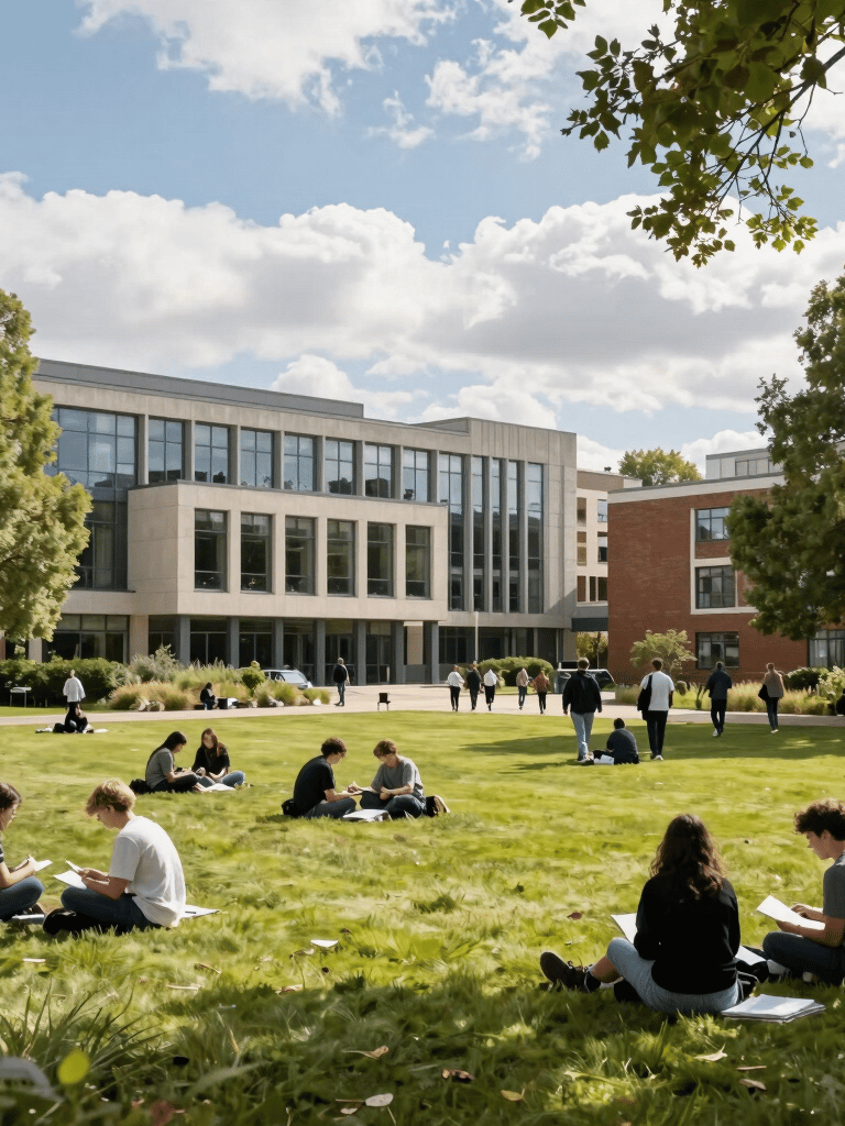 A diverse group of students smiling on a university campus with blue sky and modern buildings.