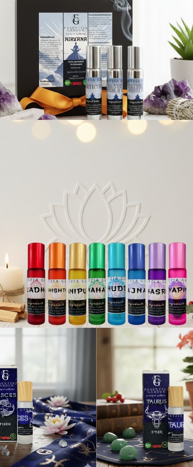 Essentzia Garden Produktlinie und Sortiment an reinen ätherischen Ölen für Aromatherapie und Wellnes