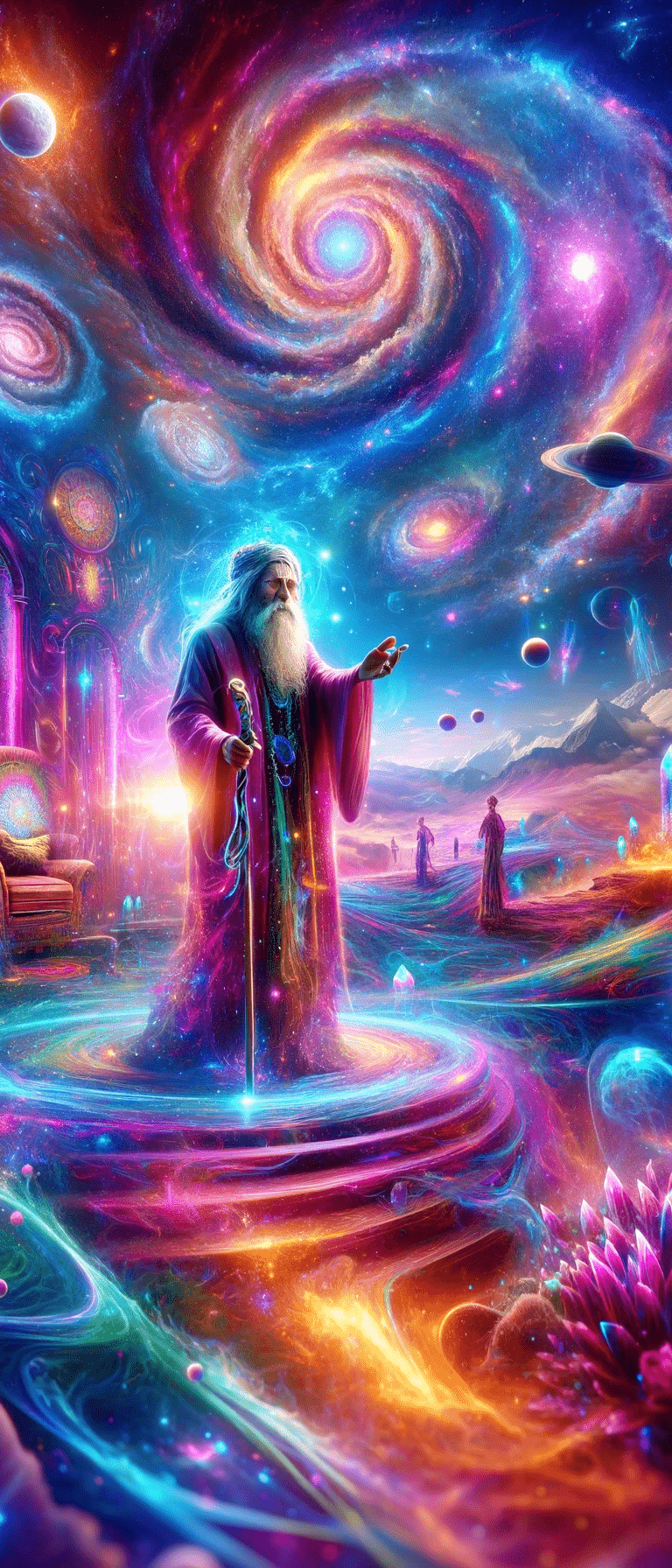 a wizard wizard in a colorful space with a spiralle