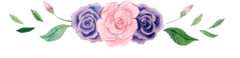 Watercolor floral border featuring pink and purple roses with green leaves on a white background.