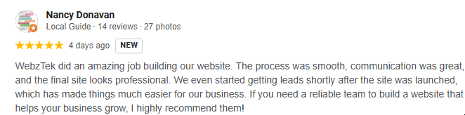 Positive 5-star Google review for WebzTek website design services