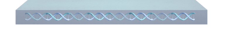 A concrete slab with a glowing blue DNA helix inside, symbolizing WattCrete's technology.