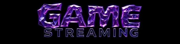 "Text 'GAME STREAMING' on a black background: 'GAME' with a purple-blue crystal effect, and 'STREAMI