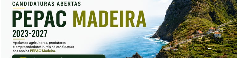 Create a premium hero image for a professional website promoting PEPAC Madeira agricultural funding.
