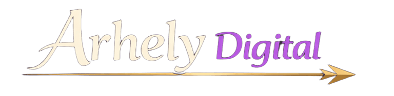 Logotipo de Arhely Digital con tipografía blanca y violeta sobre una flecha dorada sin fondo