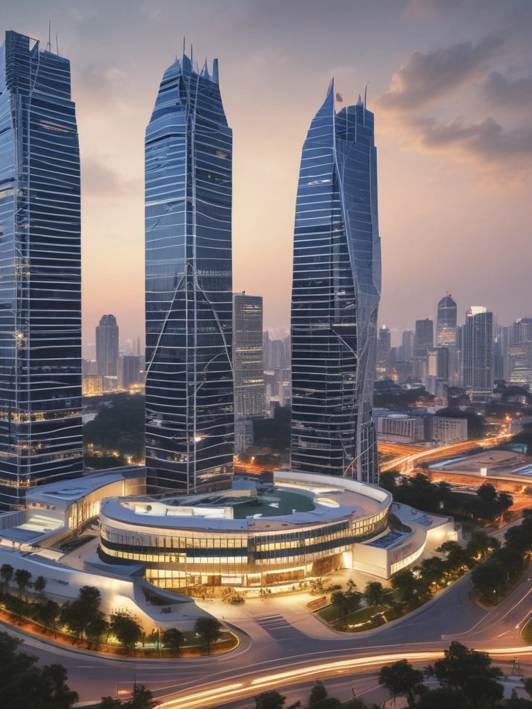 A tall beige building with rectangular windows and a large 'BCI' logo with a leaf symbol on the side. The building is set against a clear blue sky with some trees visible at the bottom right corner.