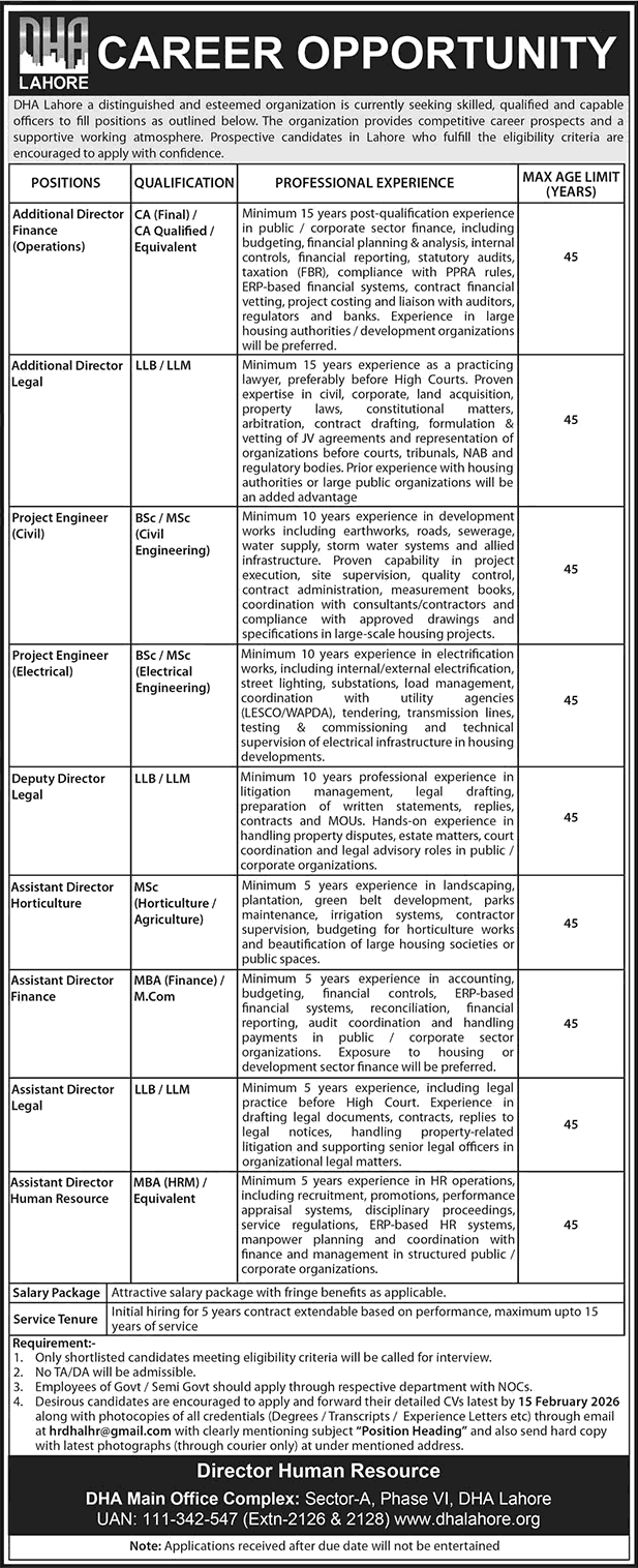 DHA Lahore Jobs 2026 February Assistant Directors & Others Defence Housing Authority Latest