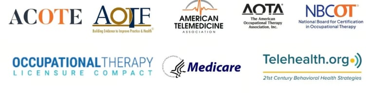 Logos for occupational therapy and telehealth organizations including AOTA, ACOTE, NBCOT, and Medicare.