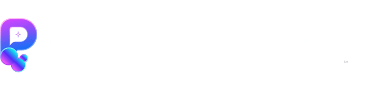 Purple and blue gradient letter P logo with a sparkling star and geometric circles.