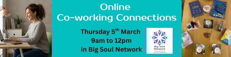 event banner for Online co-working connections with woman sitting at her laptop