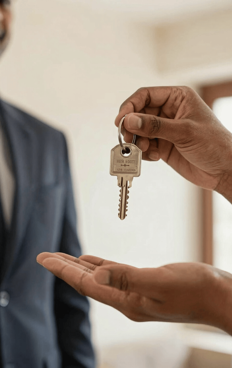 A close-up photograph of a professional South Asian hand handing over a set of house keys to another person. The setting is a brightly lit, modern apartment in India with off-white walls. The lighting is warm and welcoming, emphasizing a trustworthy and successful property management transaction.